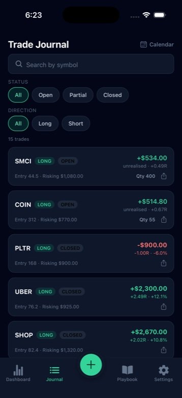 Journal screen: list of trades filterable by status and direction, each showing entry, risk, size and unrealised or realised result